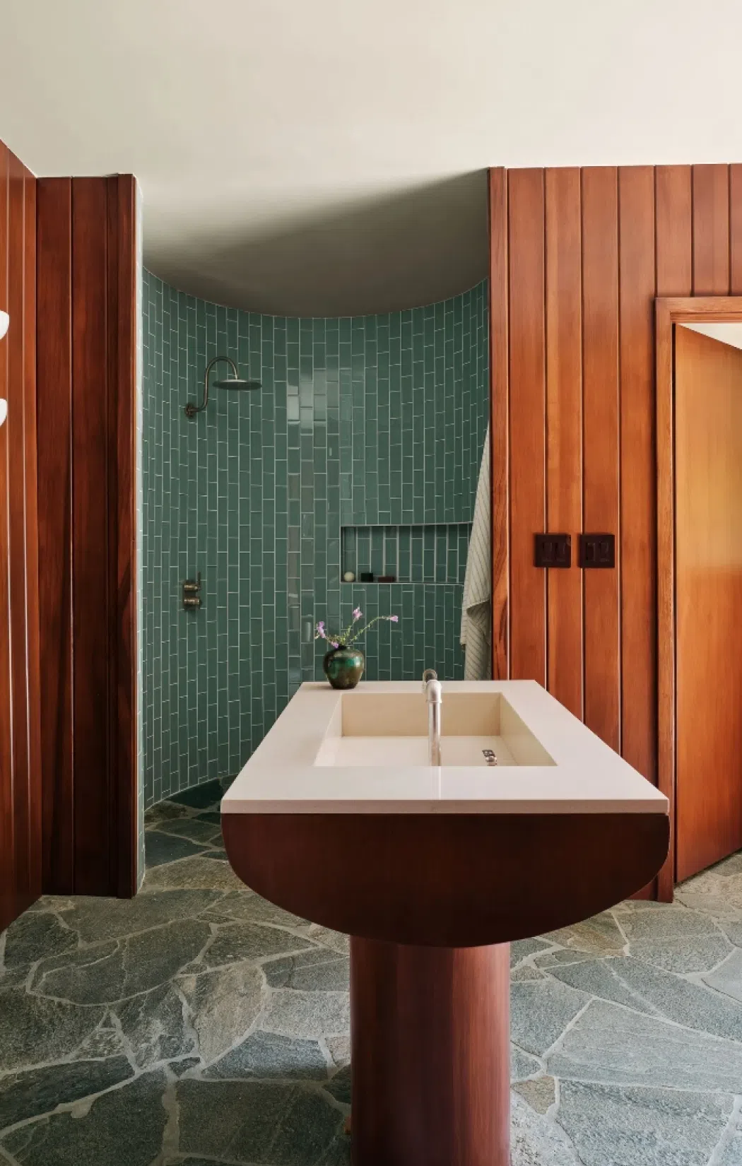 Emma Chamberlain's Bathroom with Wooden Paneling Emma Chamberlain's Bathroom with Wooden Paneling