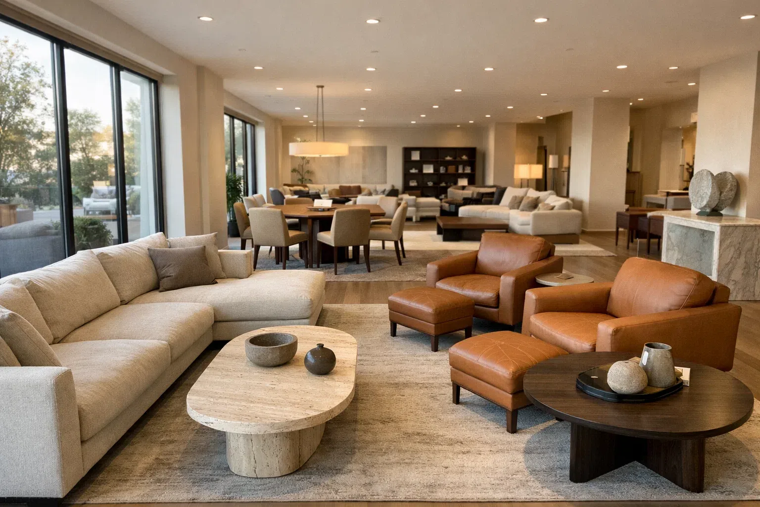 Modern furniture showroom with premium living room pieces