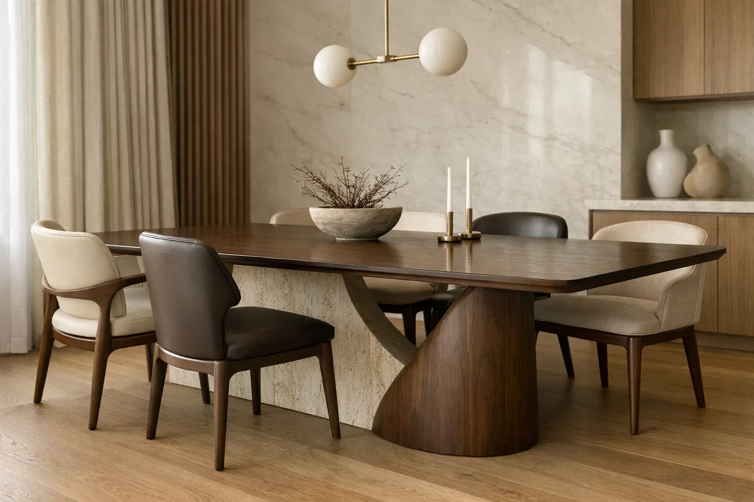 Luxury custom dining table and chairs integrated into a bespoke architectural interior