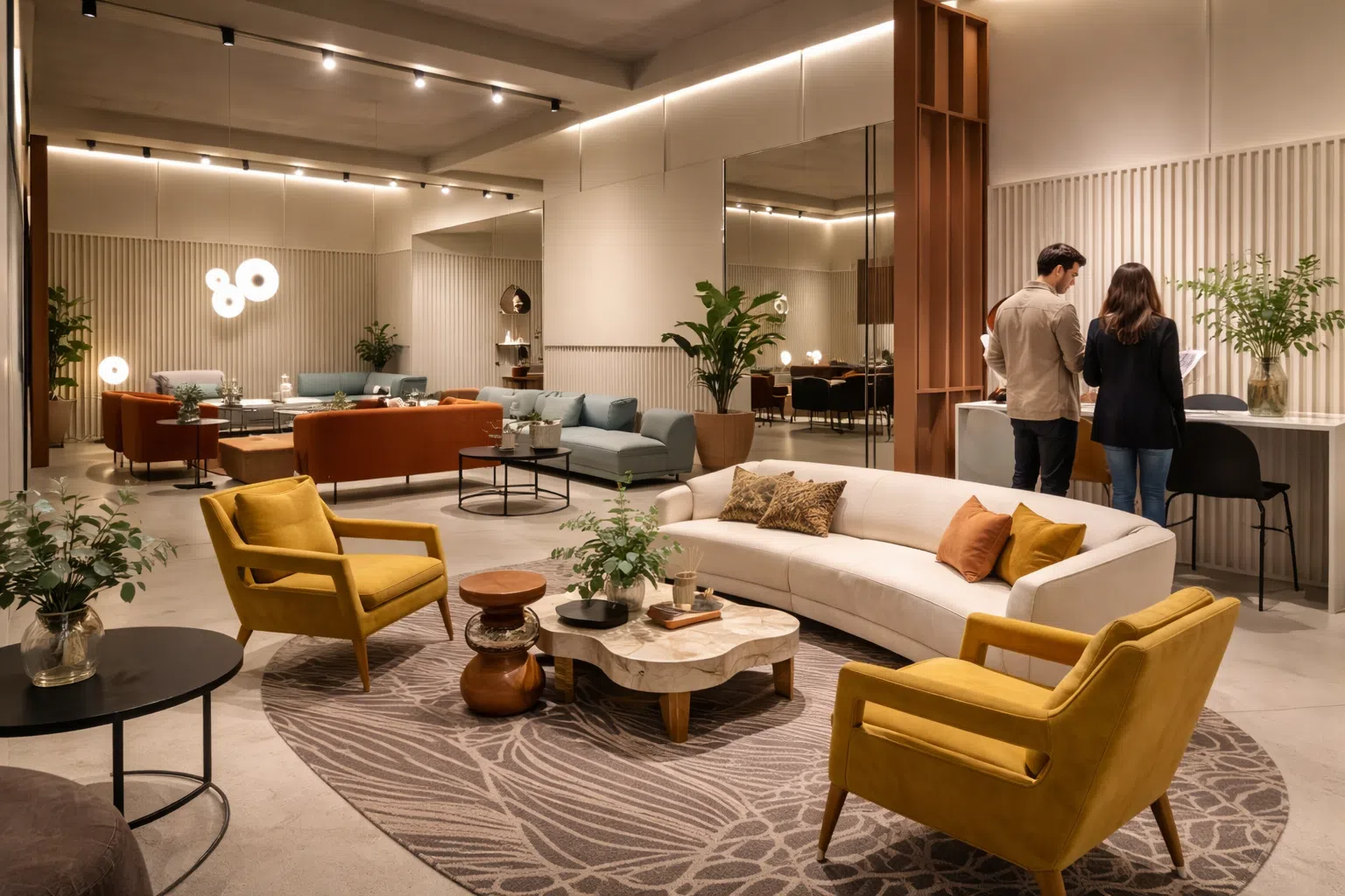 Luxury furniture showroom for premium residential interiors Spacious modern furniture showroom featuring premium living room sofas, armchairs, and designer decor