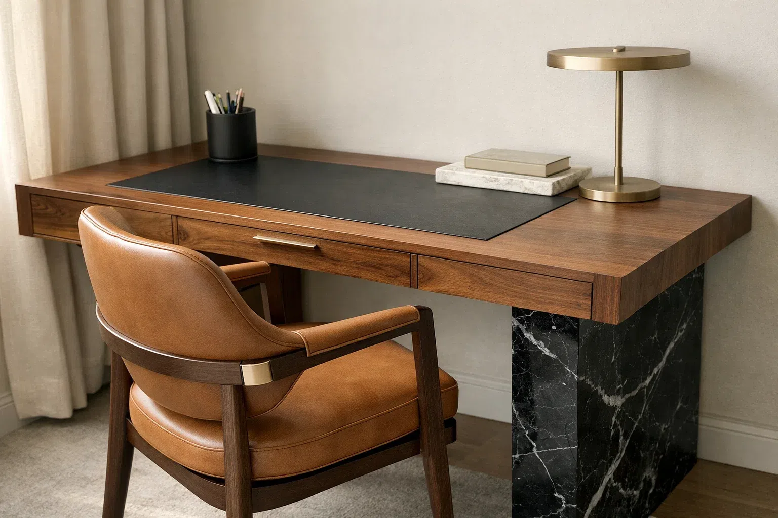 Elegant home office workspace with a wooden desk, leather chair, and modern table lamp