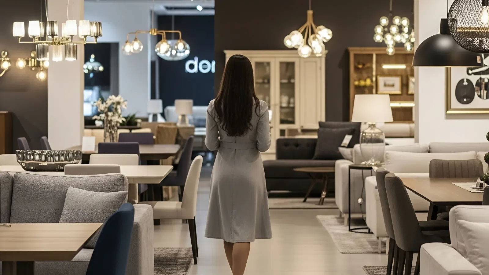 A woman chooses furniture in a premium showroom A woman walks through a spacious premium showroom, choosing furniture.