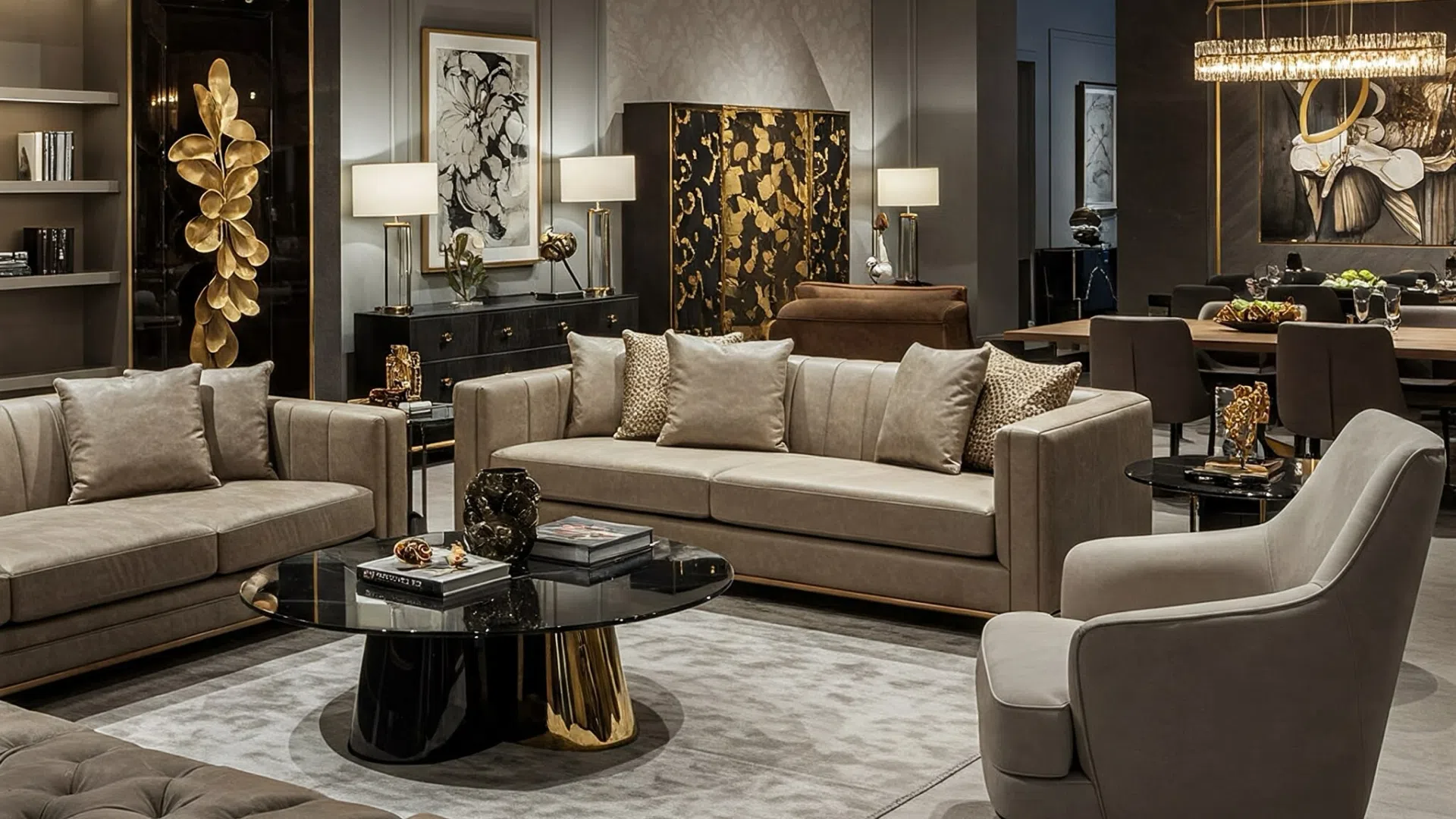 Showroom with premium living room furniture Elegant showroom with premium upholstered furniture in beige tones.