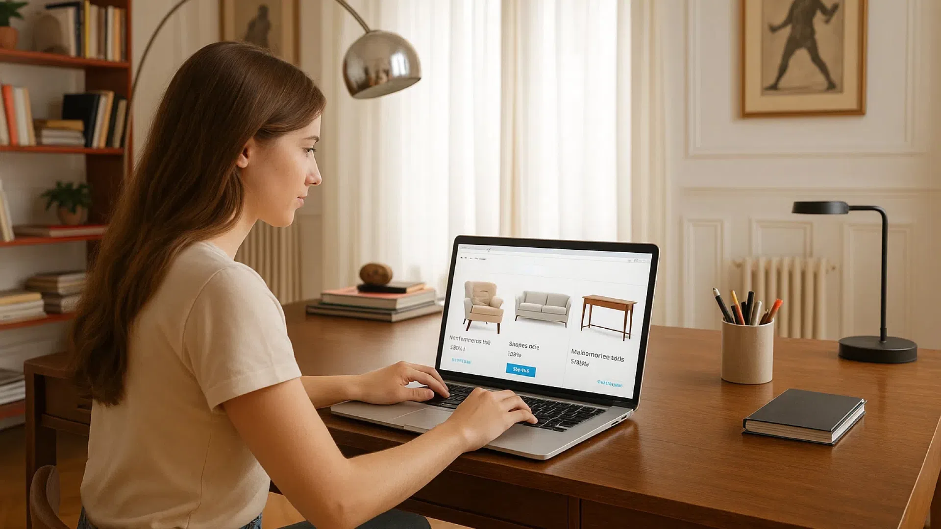 A girl is choosing furniture in an online store