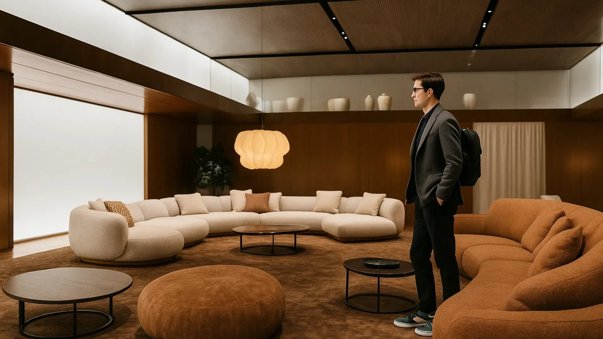 Modern furniture showroom with designer sofas, coffee tables, and soft lighting