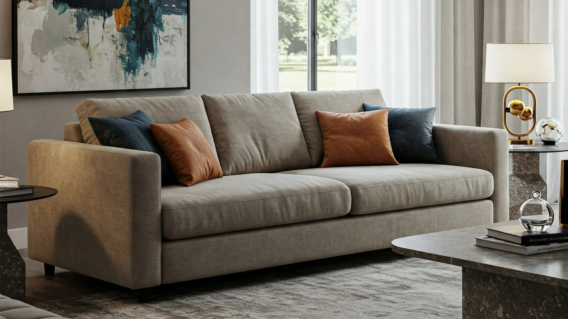 Stylish sofa in a modern living room Stylish beige sofa with decorative pillows in a modern living room.
