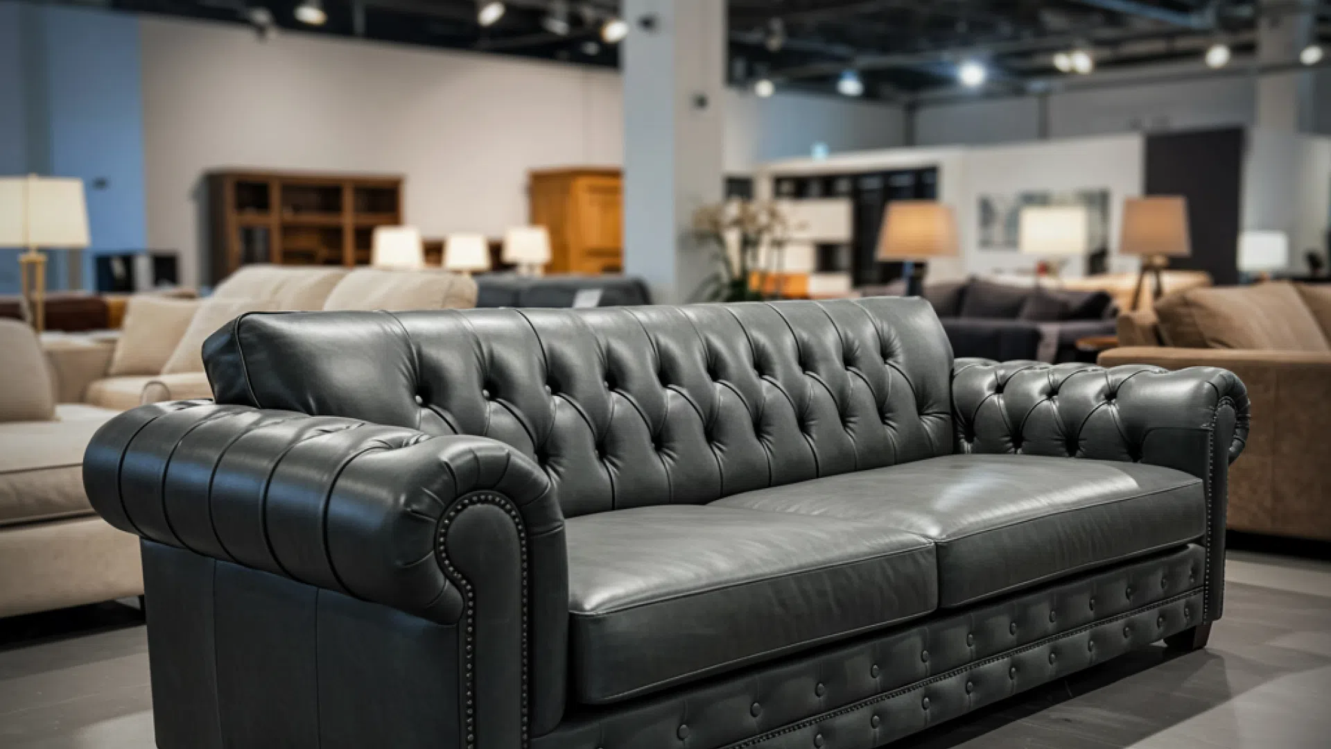 Elegant leather sofa Stylish black leather sofa with decorative capitonné stitching in a furniture showroom.
