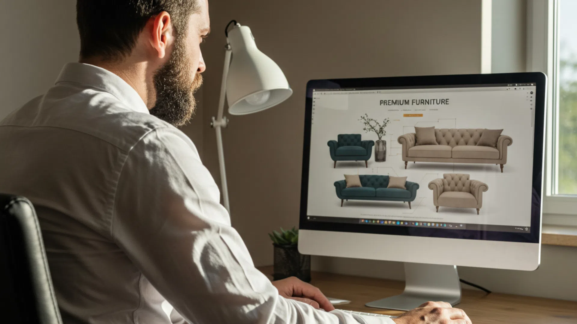 Searching for Furniture Online A man sitting at a wooden table, searching for premium furniture online.
