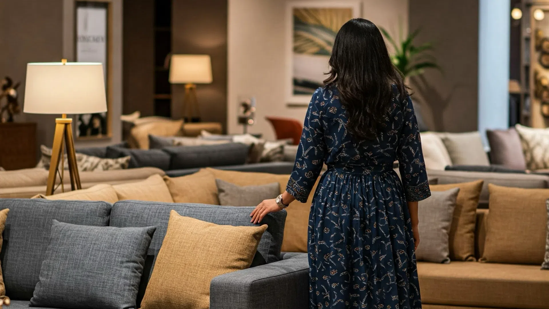Choosing a sofa at the store A woman chooses a sofa in a furniture store.