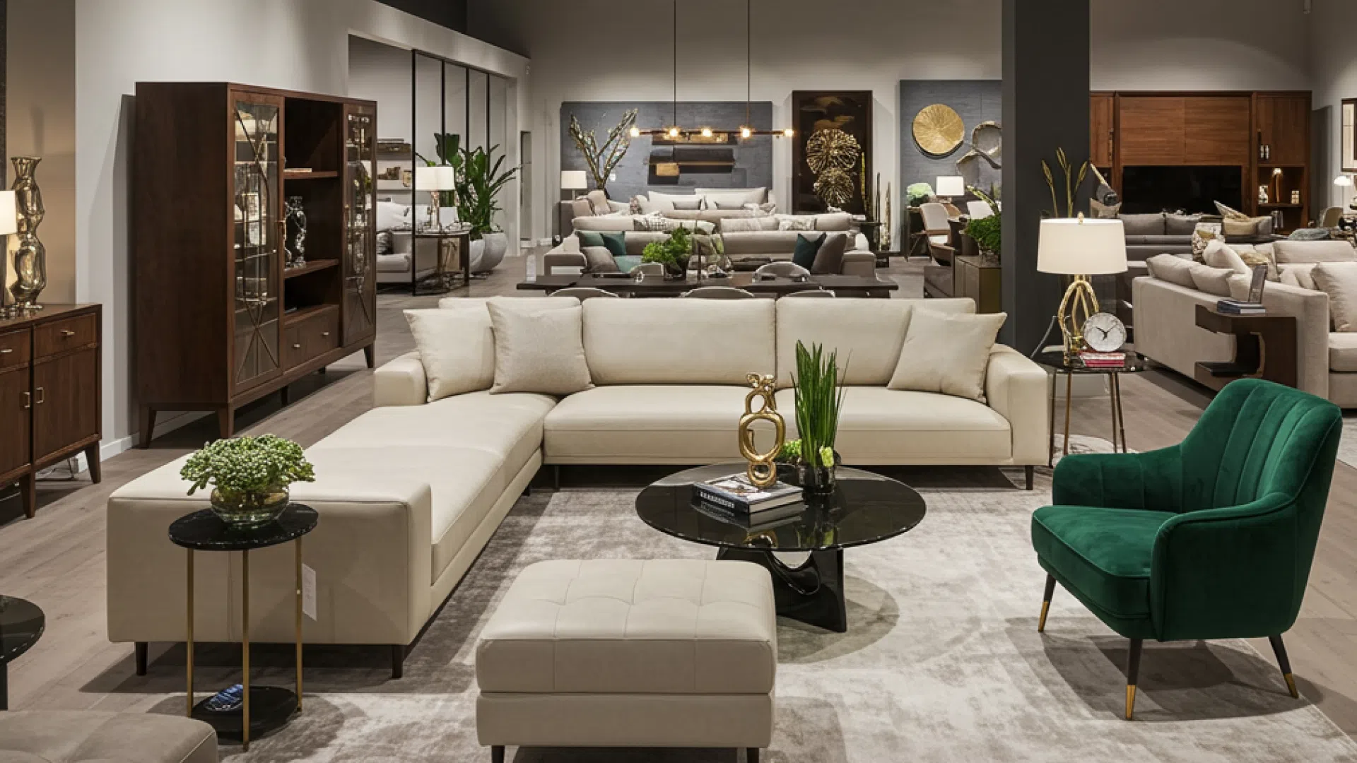 Upholstered furniture showroom Spacious showroom with upholstered furniture.