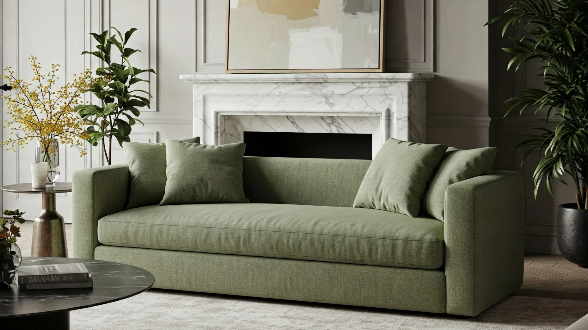 Green sofa in a modern living room Stylish olive-green sofa with soft cushions in a modern living room.