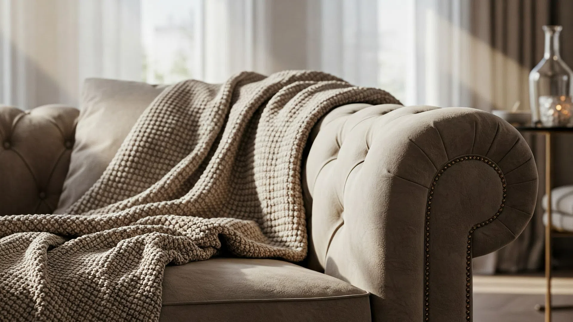 Cozy Chesterfield sofa with a throw Beige Chesterfield sofa with a soft cushion and a knitted throw casually draped over the armrest.