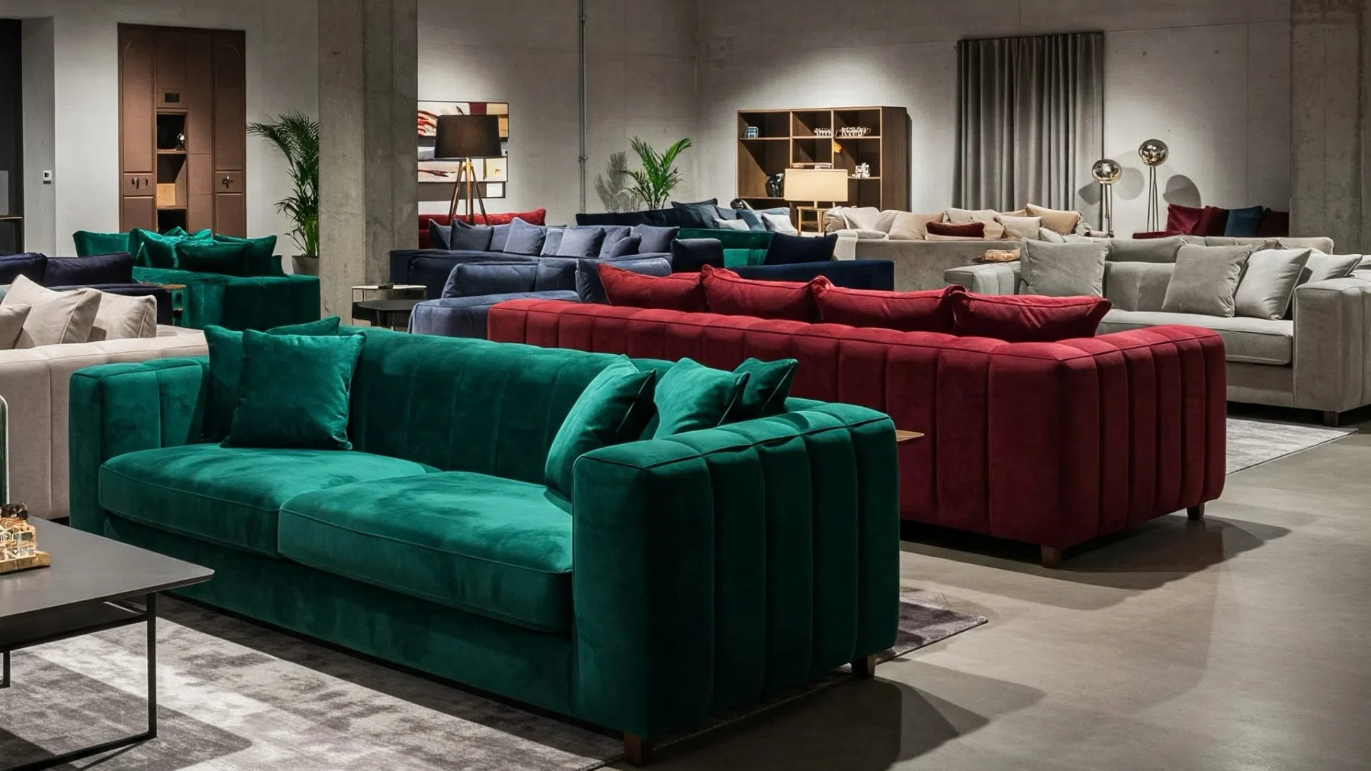 Multicolor sofas in a showroom Interior of a furniture showroom with an emphasis on the diverse color palette of sofas.