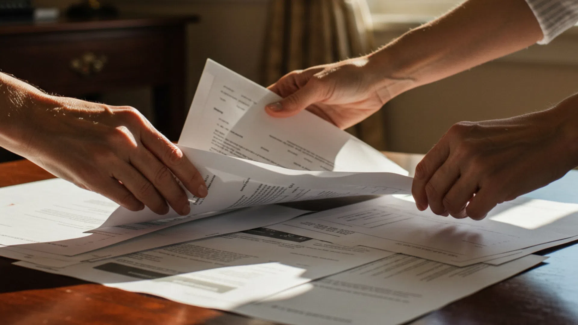 Работа с документами Крупный план рук, перебирающих и раскладывающих стопку документов.