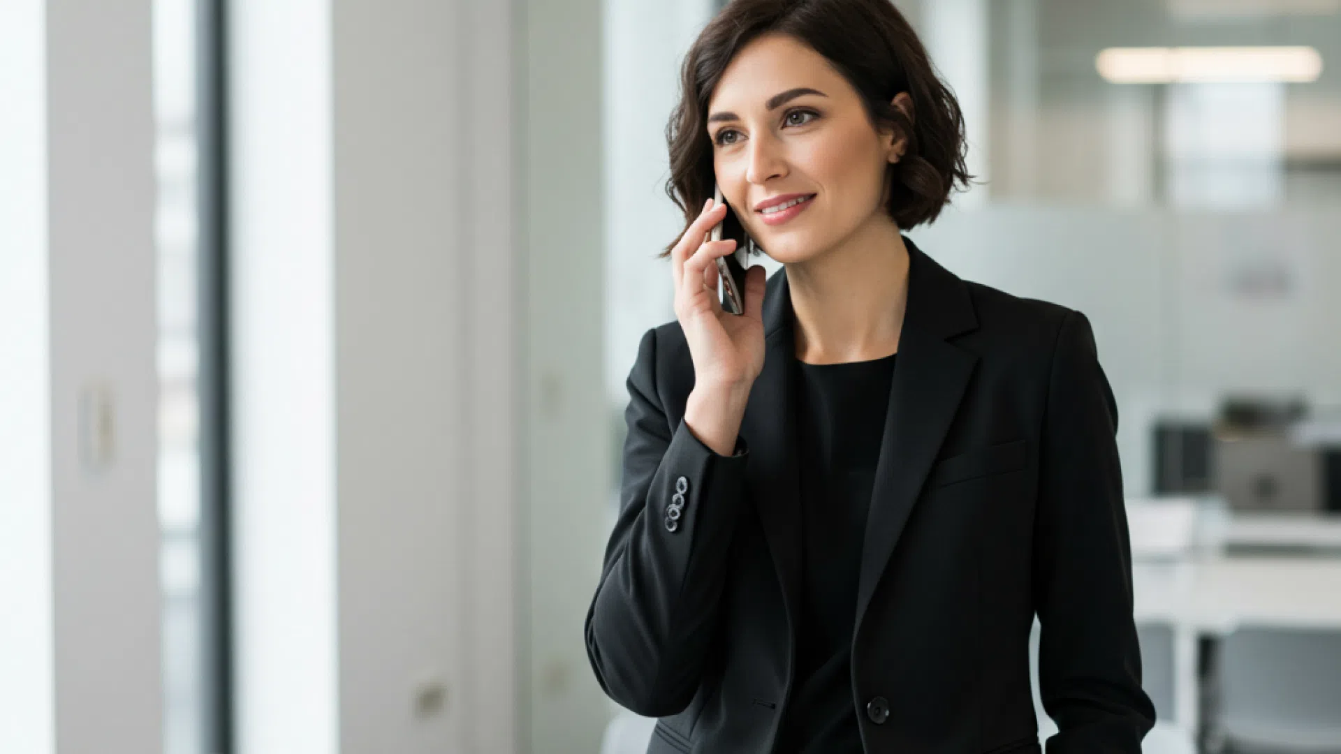 Woman talking on the phone Business woman with short dark hair talking on a mobile phone.